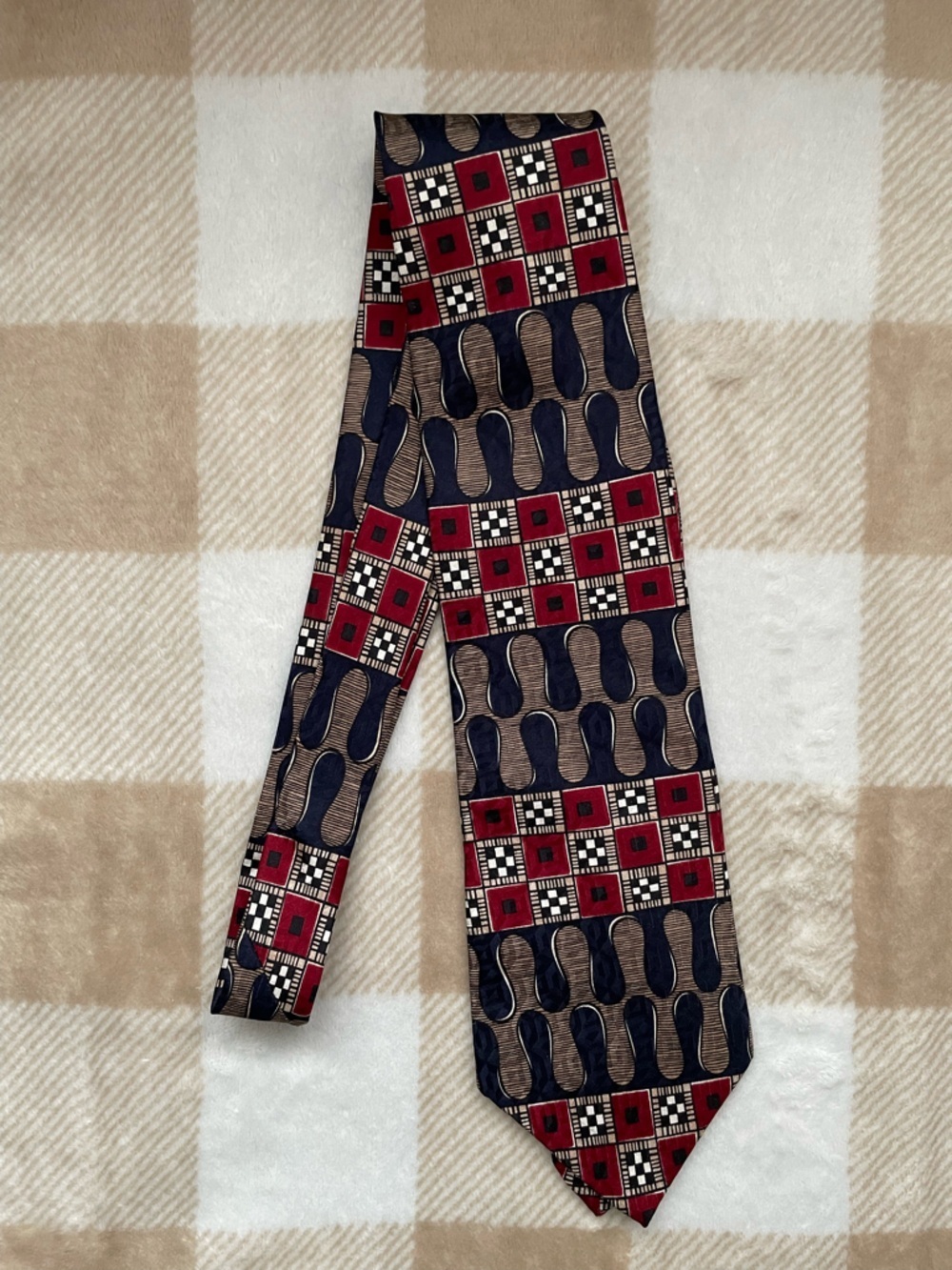 Vintage Farah Geometric Checker Pattern Silk Tie in Navy and Red 100% Silk